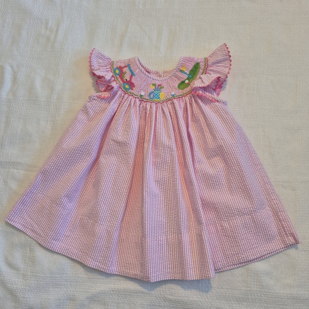 Claire & Charlie 9 months smocked pink & white seersucker golf design VGUC